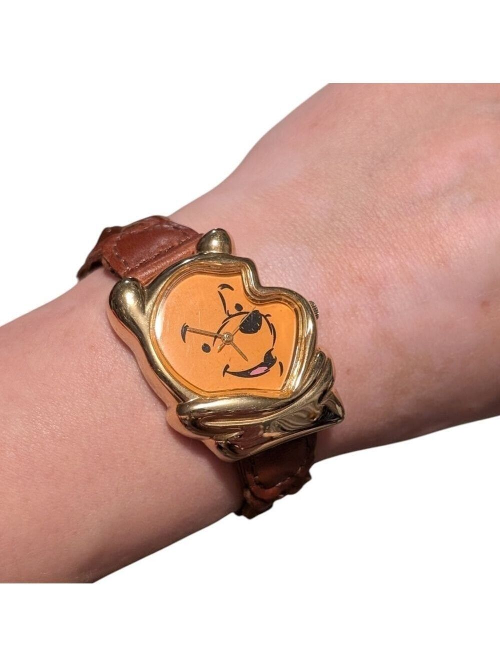 Vintage Disney 90s Winnie The Pooh Gold Tone Watch Braided Genuine Leather Strap